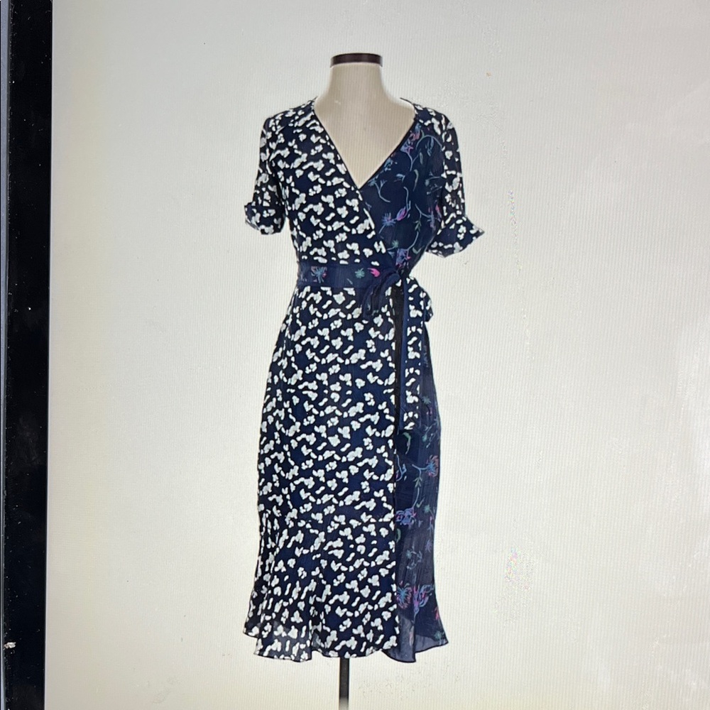 Tanya Taylor Navy Floral Mix Wrap Dress - Women's